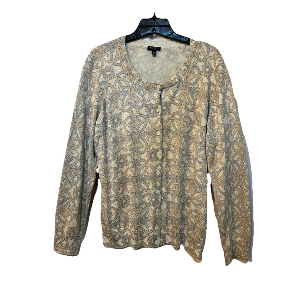 Talbots Floral Metallic Cardigan 1X Petite Gold Silver Beige Long Sleeve Boho